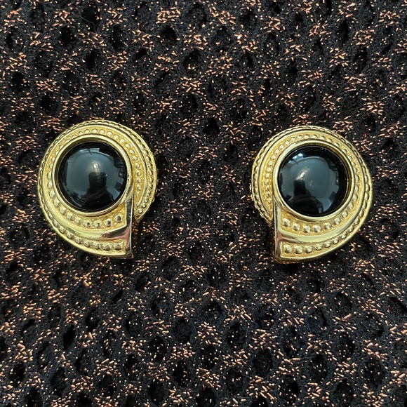 Vintage Christian Dior Gold Tone Black Resin Cabochon Clip-On Earrings - Picture 1 of 3